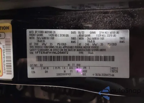 2022 Ford Ranger Lariat из США, поврежденный, VIN 1FTER4FH1NLD54972